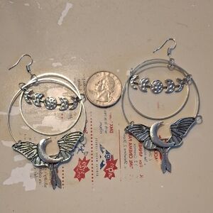 Silver Winged Crescent Hoop Earrings